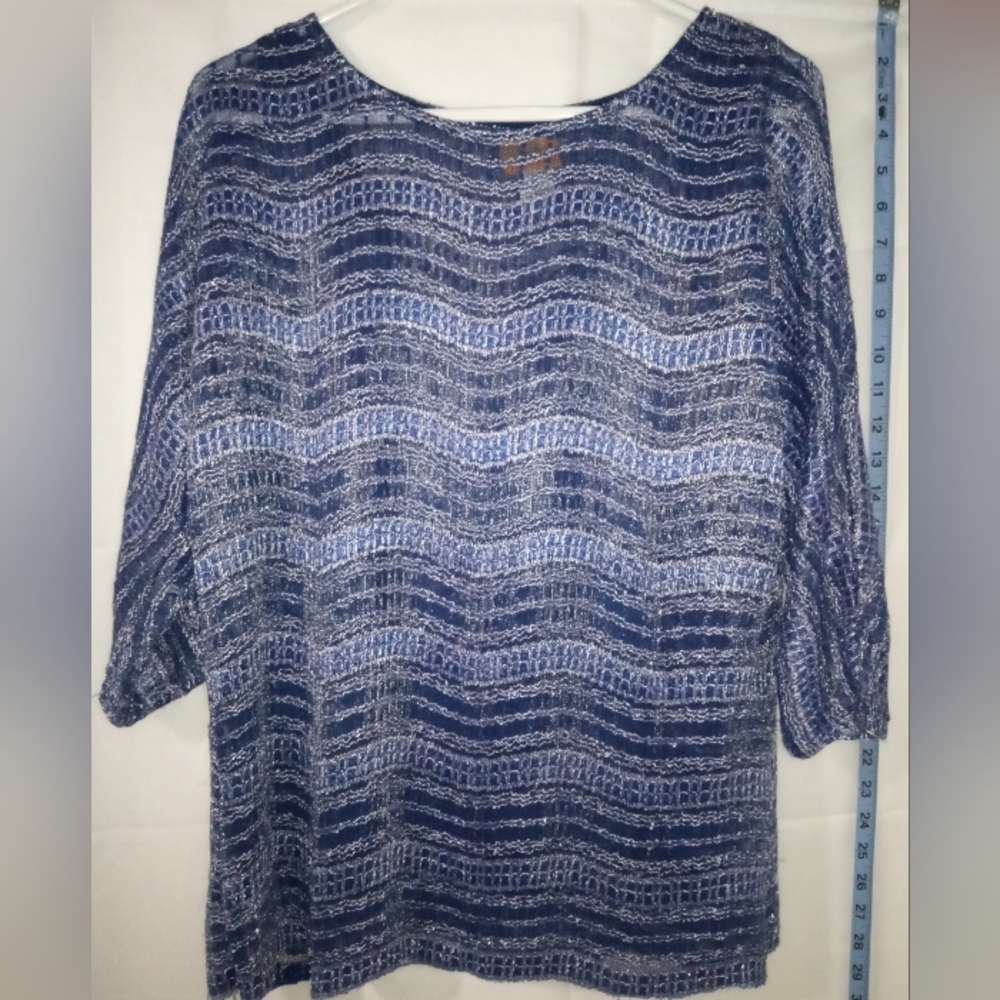 Ruby Rd. Women's Navy & White Textured Knit Blouse - Metallic Silver Size L